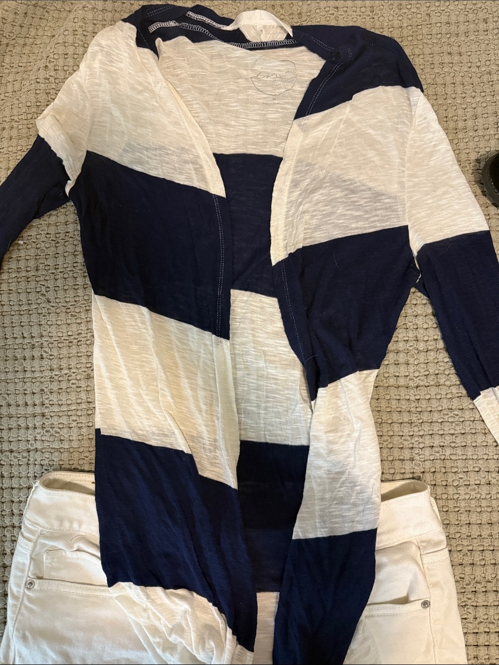 Striped Open Front Cardigan - Navy & White
